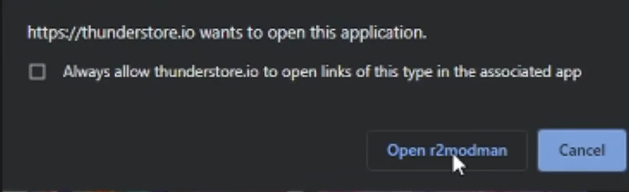 Click "Open r2modman" to install using r2modman Risk of Rain 2 Mod Manager