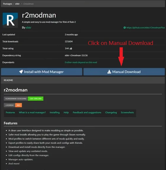 Click on Manual Download on the r2modman page