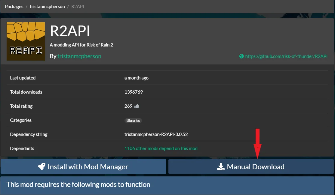 Click on Manual Download on the R2API page to download R2API