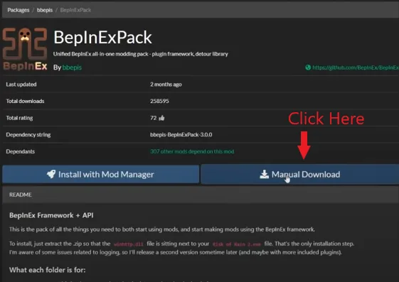 Click on Manual download on the BepInExPack page to download BepinExPack