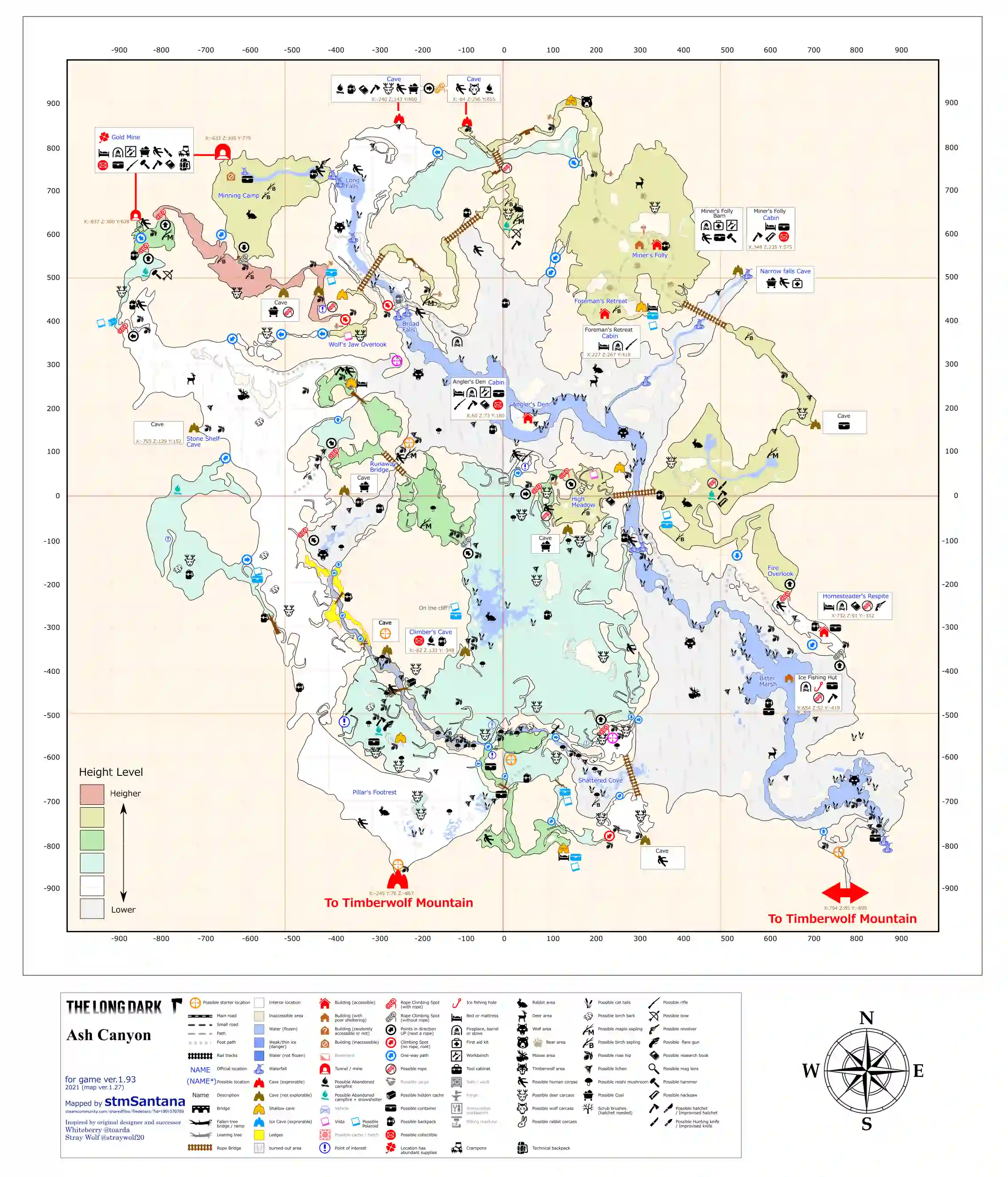 The Long Dark Colored map of Ash Canyon. The shown map includes all the information required to survive in this region of the game.