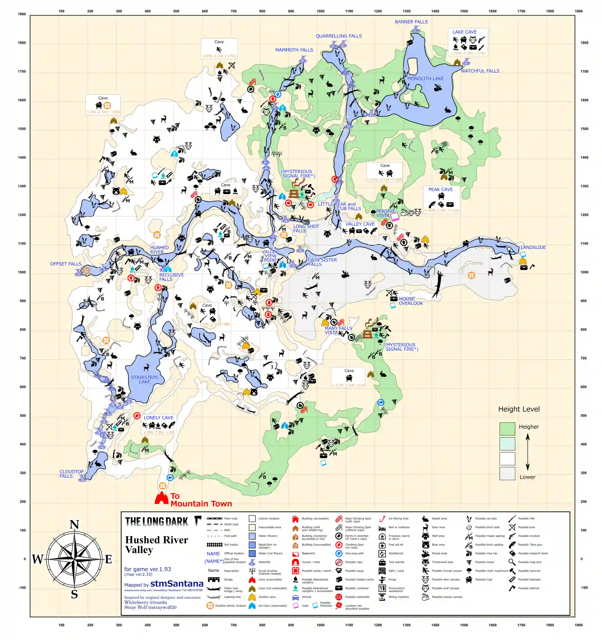 The Long Dark Hushed River Valley. The map includes all the information required to survive in this region on the map.