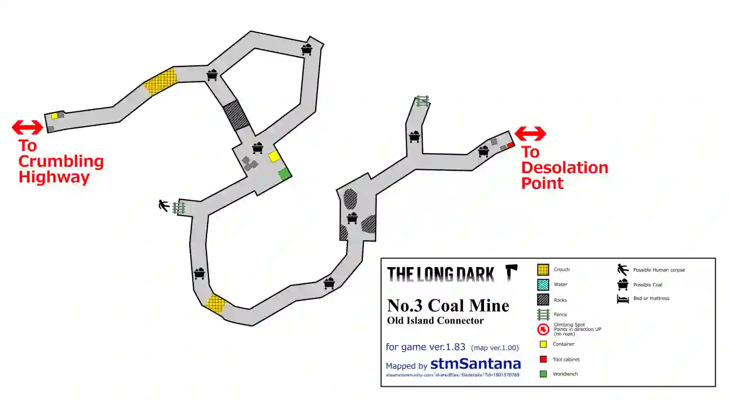 The Long Dark No. 3 Coal Mine - Old Island Connector Map from Crumbling Highway to Desolation Point map. This map includes all information to roam around this area.