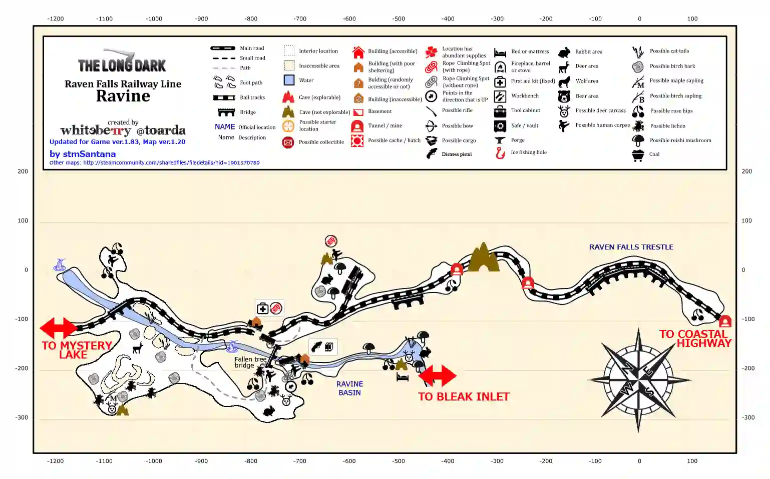 The Long Dark Ravine: Raven Falls Railway Line Region. Including Enough information to survive in the game.  Connects Mystery Lake with Bleak Inlet and Coastal Highway 