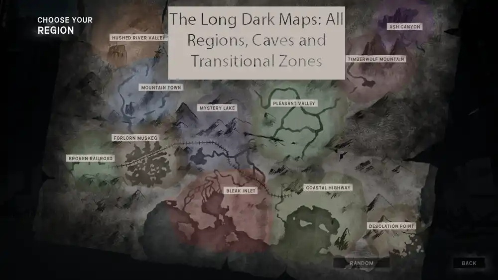 Game Map image showing all main regions like Hushed River Valley, Ash Canyon, Timberwolf Mountain, Mountain Town, Mystery Lake, Plesant Valley, Forlorn Muskeg, Broken Railroad, Bleak Inlet, Coastal Highway, and Desolation Point.