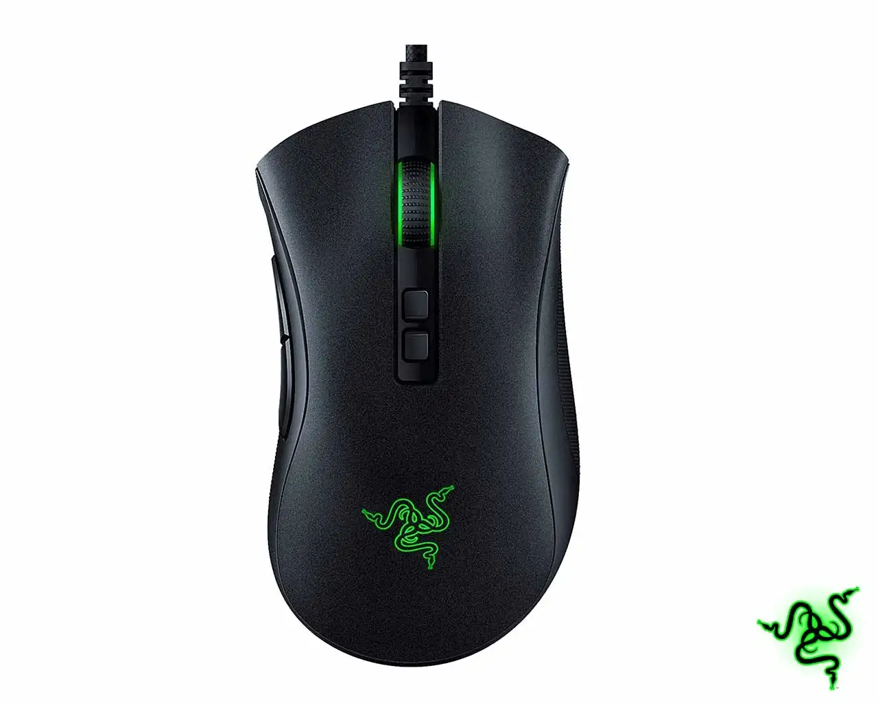 Razer DeathAdder V2 Gaming Mouse with 20000 DPI. with dpi buttons, wheel, logo, and programmable buttons.