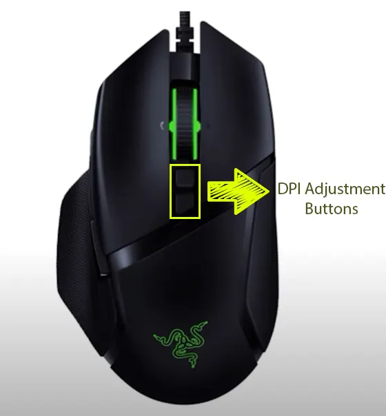 Razer mouse showing increased and decrease DPI buttons with labeling