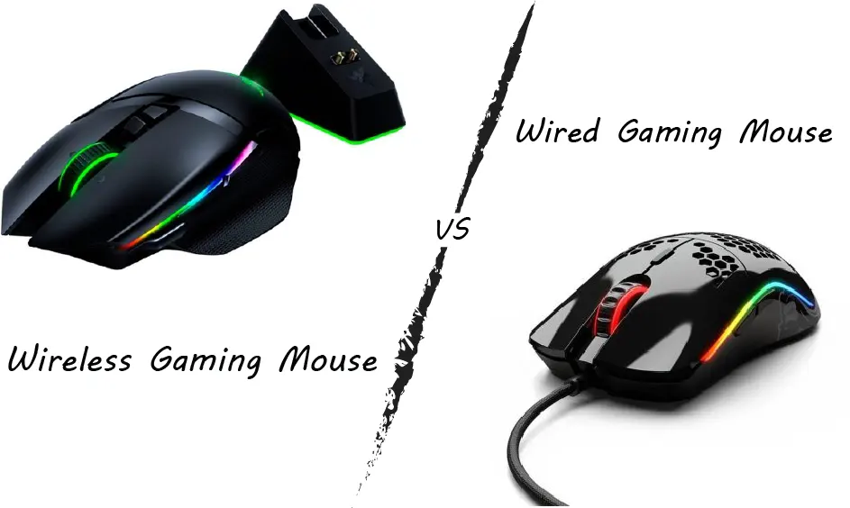 One wireless game mouse on the left and one wired gaming mouse on the right. showing wired vs wireless gaming mouse